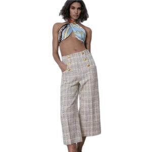 ZARA Beige Tweed Plaid Gold Button Sailor Crop Culottes Wide Leg Pants Medium